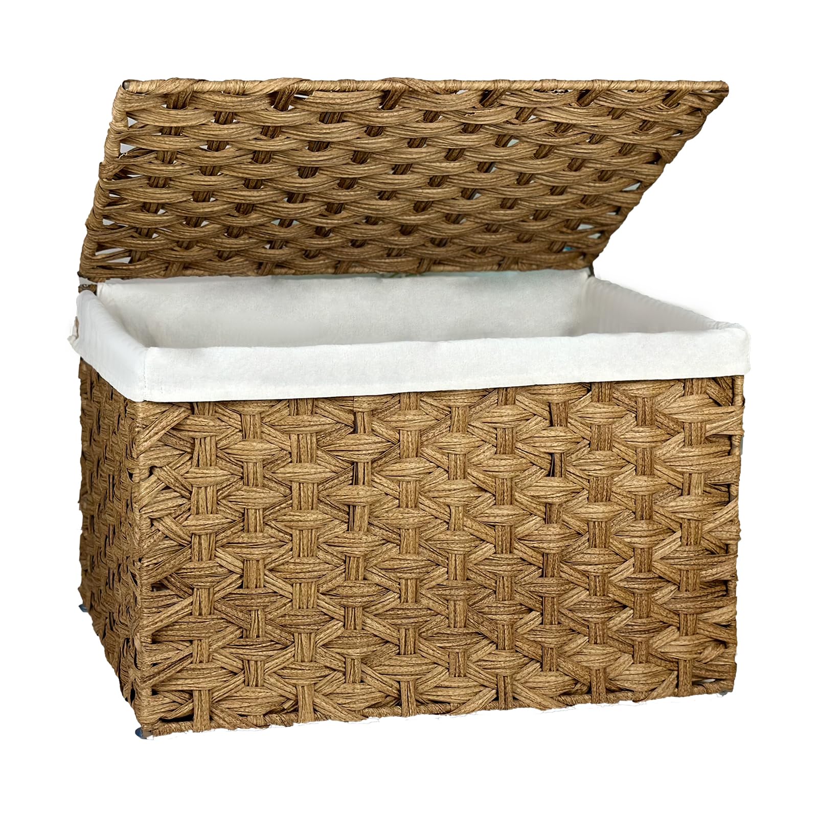 Storage Basket with Lid, 27.7 Gallon (105L) Wicker Storage Trunk with Handles, Handwoven Wicker Basket for Blanket, Removable Liner, Foldable, for Living Room, Laundry Room, Natural