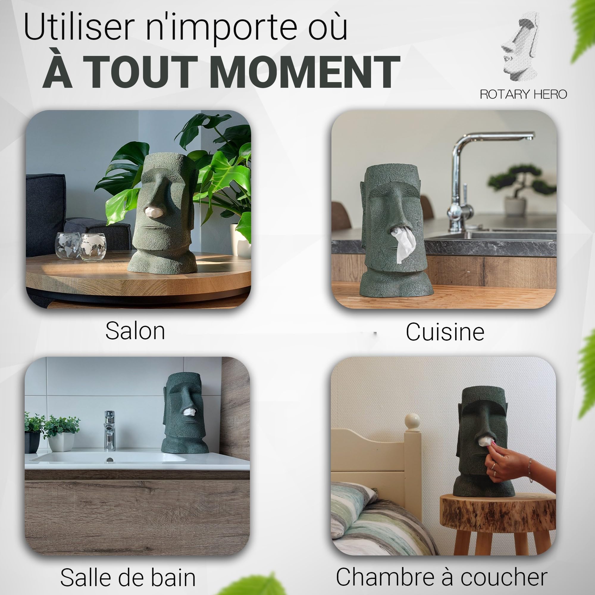 Distributeur de mouchoirs Rotary Hero Moai - Boîte à mouchoirs et Distributeur de mouchoirs en Forme de Figurine Moai pour la Maison, la Cuisine et la Chambre à Coucher - 18 x 14,5 x 32 cm