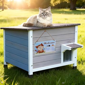 Rockever Cat House Outdoor Indoor, Weatherproof Cat Shelter for Feral Cats Small Pet Habitats, Wooden Air Ventilation Cat Hideaway for Indoor Outside Yard Garden Corridor Grey