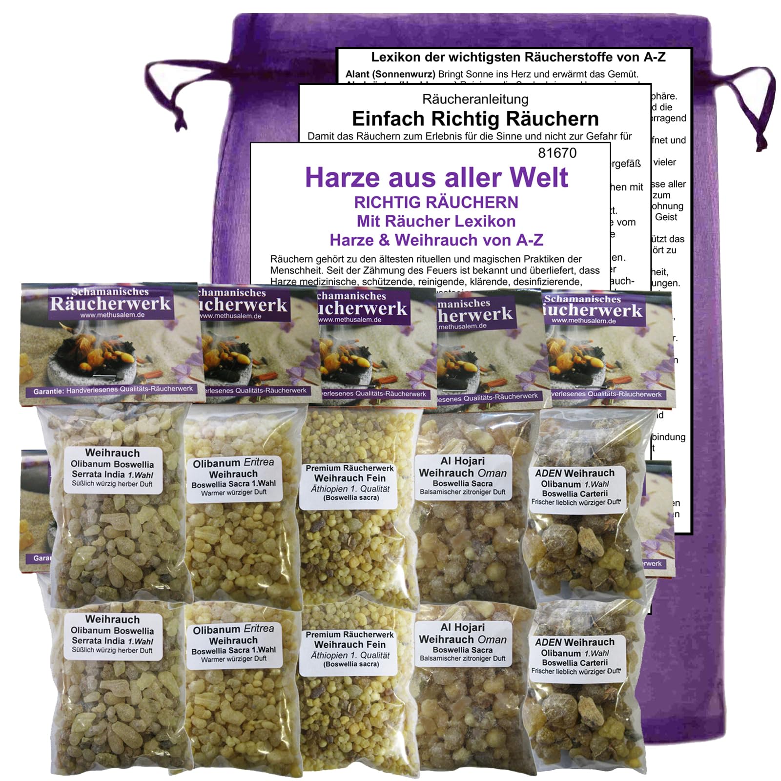 Weihrauch Reine Harze Räucherset 500ml (10x 50ml) – Top 5 mit Olibanum Eritrea, Äthiopien, Oman, Sacra Aden, Boswellia Serrata & Räucheranleitung. 81670-2