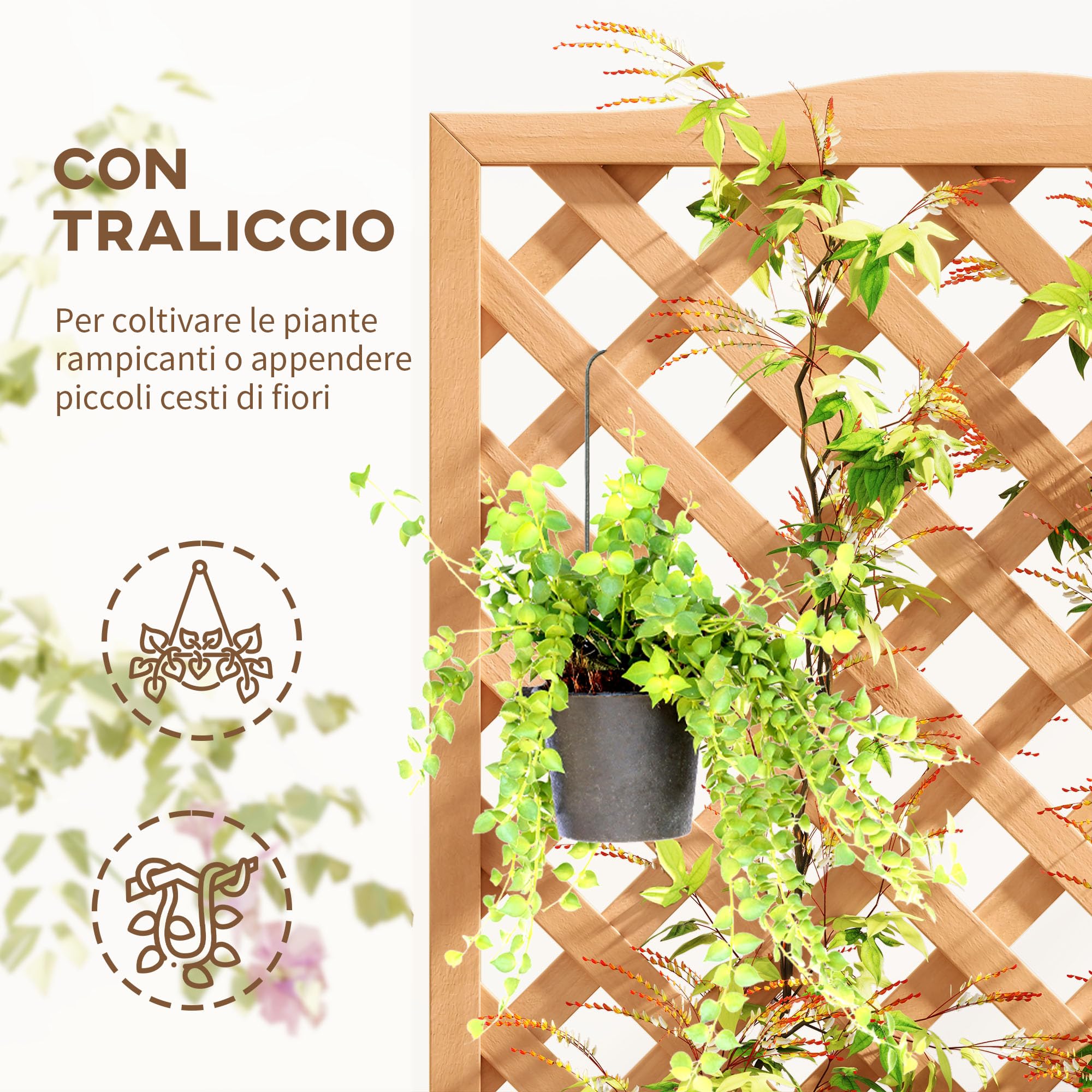 Outsunny Letto per Orto Rialzato da Esterno con Grigliato, Fioriera da Esterno con Traliccio per Piante Rampicanti in Legno di Abete, per Fiori e Verdure, per Giardino e Balcone, 76x36x170 cm, Marrone