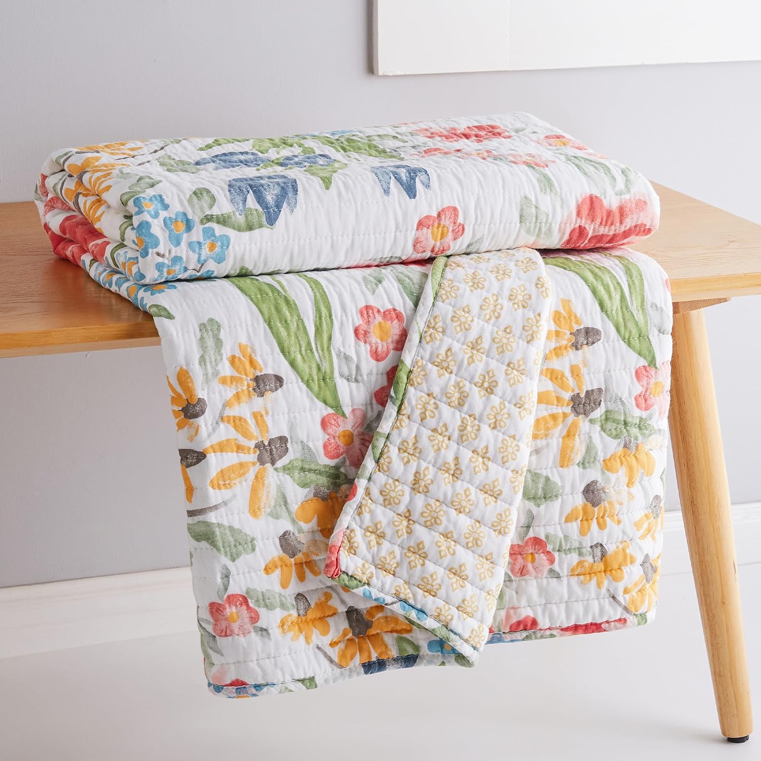 Levtex Home - Radella - Throw - Floral - Red, Yellow, Blue, Teal, Green, White - Quilted Throw (50x60in.) - Cotton
