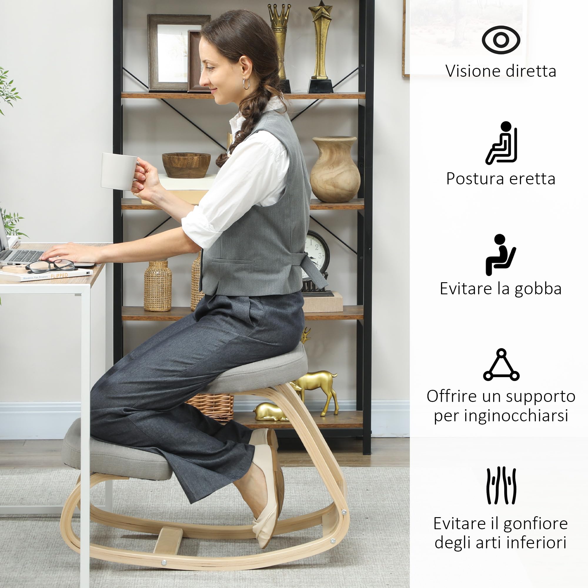 HOMCOM Sedia Inginocchiatoio con Movimento a Dondolo, Sedia Ergonomica Posturale in Tessuto Effetto Lino e Legno di Betulla, 50x73x55 cm, Grigio Chiaro