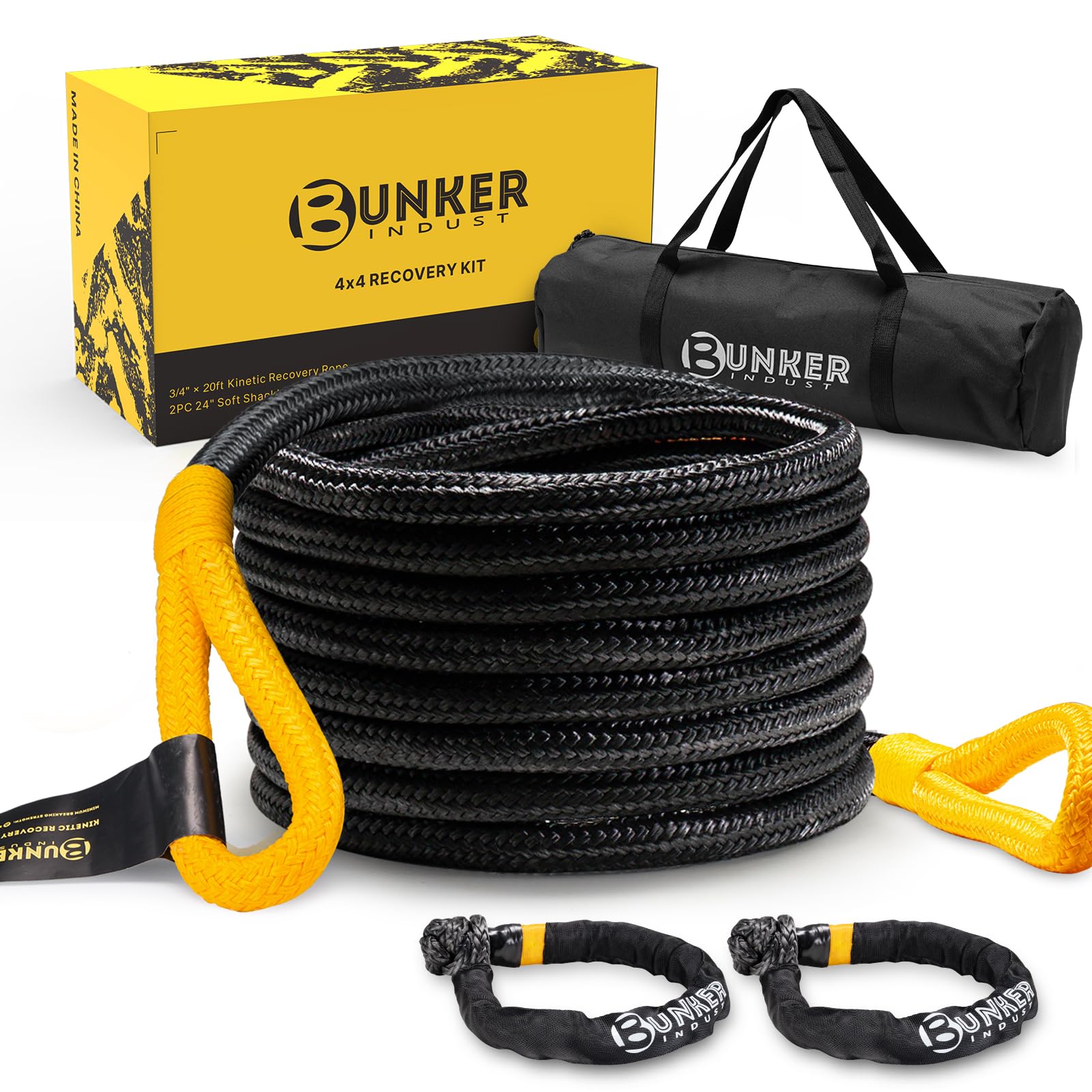 BUNKER INDUST 3/4in×20ft Kinetic Recovery Rope with 2 Soft Shackles Kit, Kinetic Recovery Tow Rope Snatch Strap Off Road Recovery Kit for UTV, ATV, Truck, Car, Jeep, Tractor