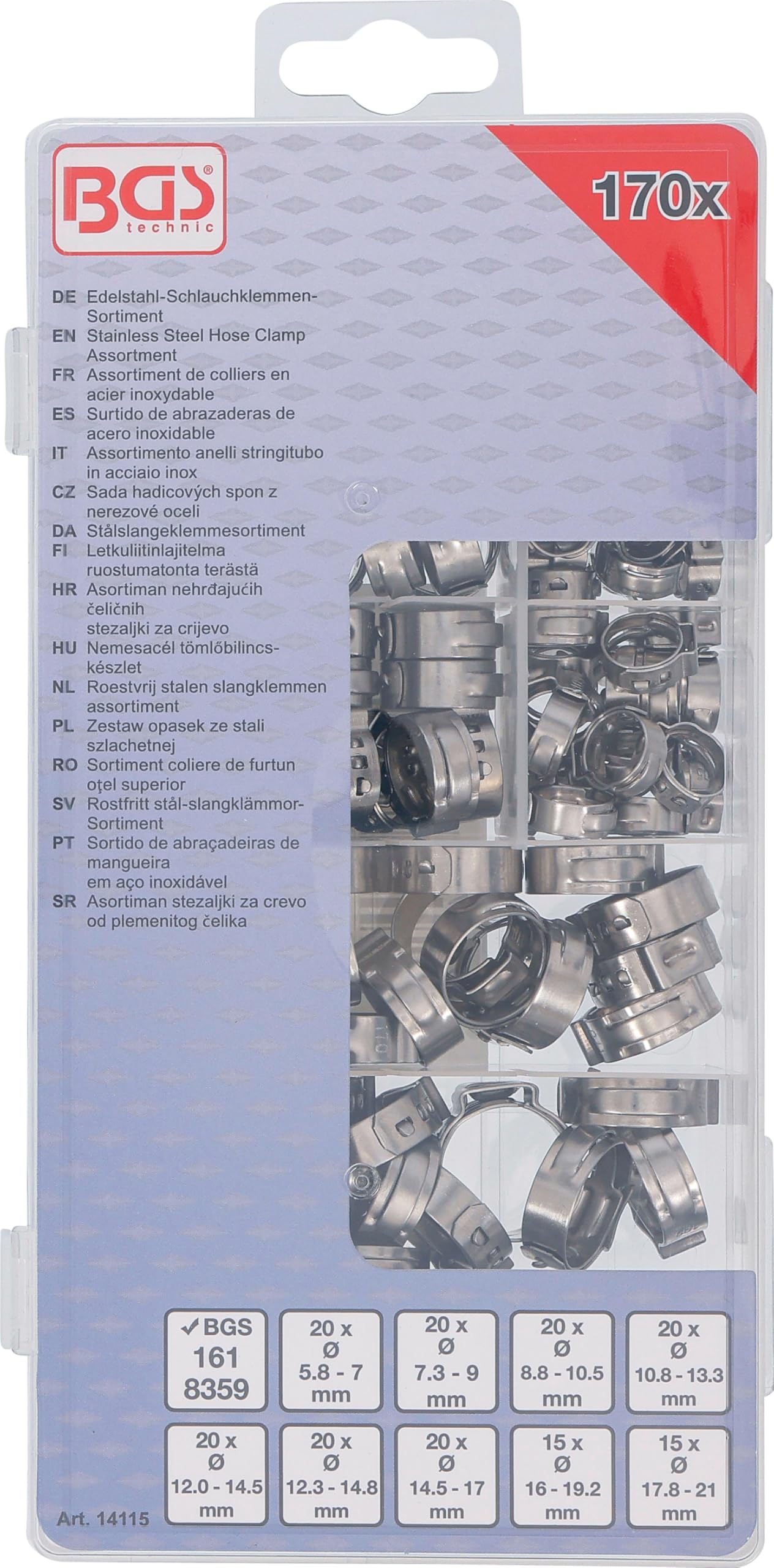 BGS 14115 | Assortiment de colliers de tuyau à revêtement en acier inoxydable | Ø 5,8-21 mm | 170 pièces