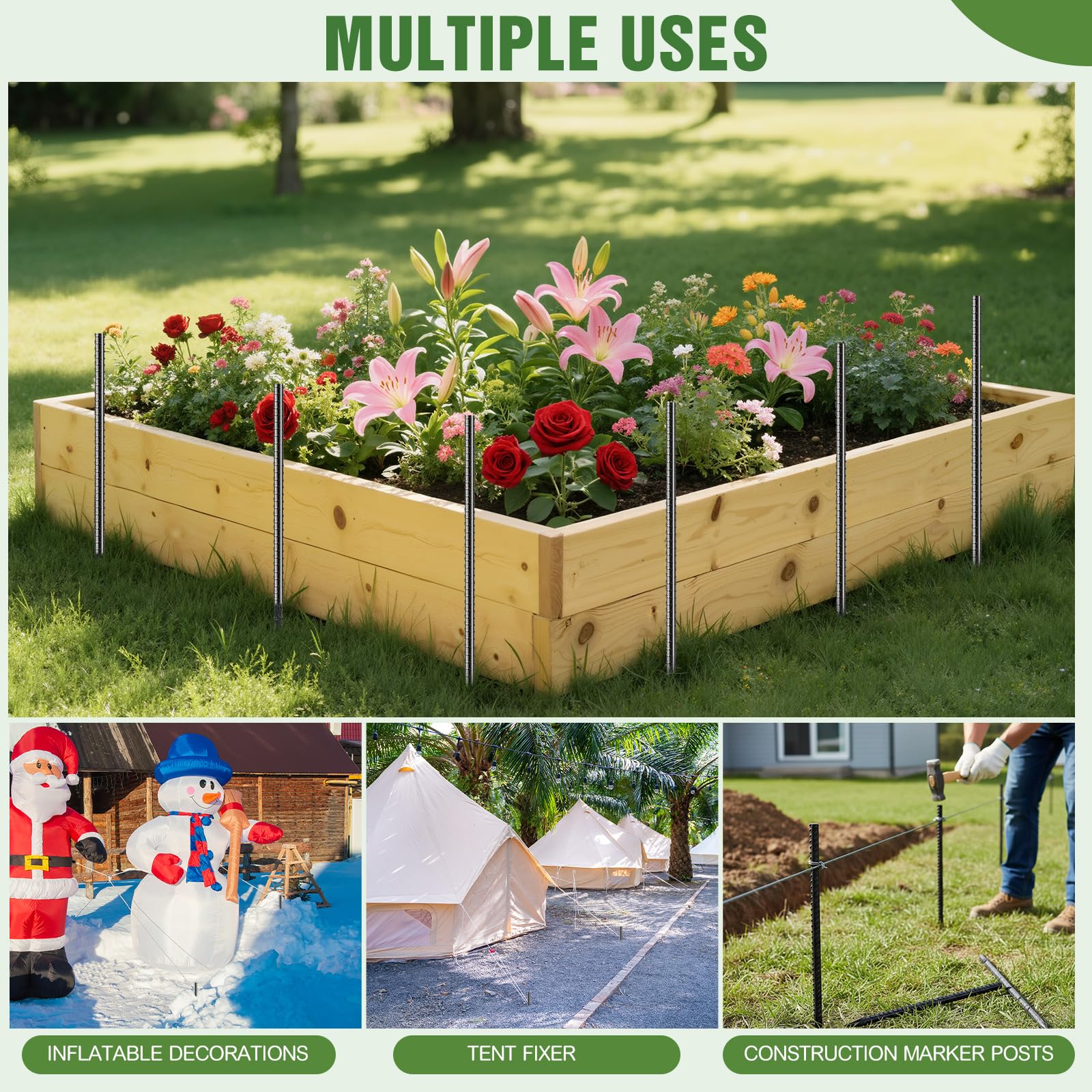 Jetec Lot de 12 piquets d'armature de sol noirs de 61 cm, ancrages au sol robustes en acier pour plantes, piquets de jardin longs et droits en métal avec extrémité biseautée pour jardin, béton, tente