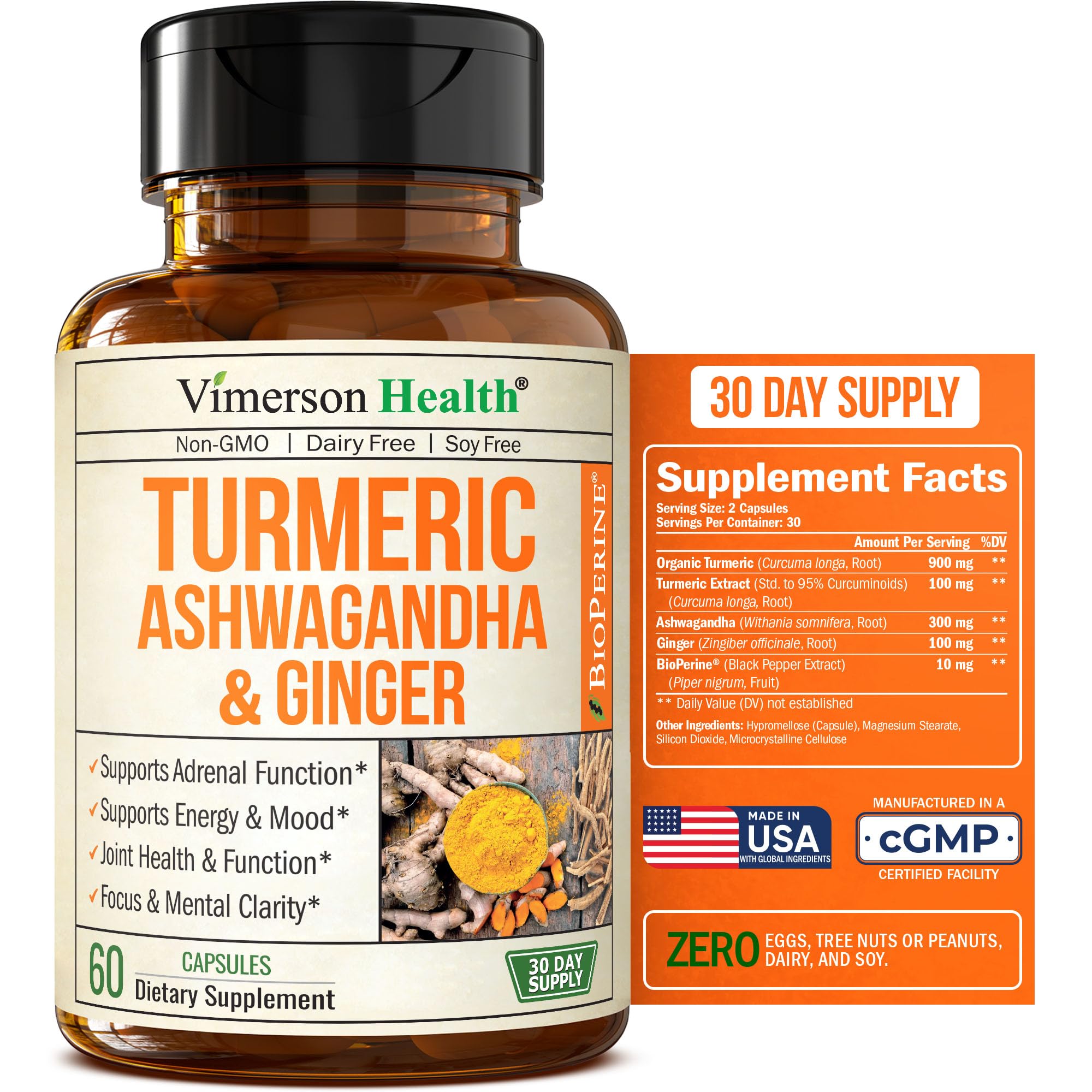Turmeric Curcumin Ashwagandha, Ginger, Bioperine. Occasional Joint Pain Relief Supplement. Antioxidant Properties for Healthy Blood Sugar Levels, Thyroid and Adrenal Support, Balanced Cortisol Levels.