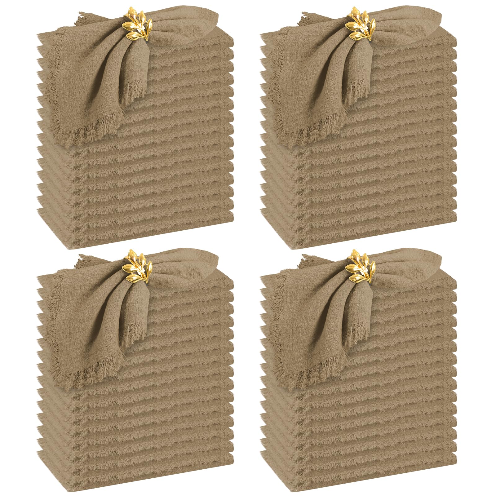 60 Pack Handmade Cloth Napkins with Fringe,Caramel Cotton Linen Napkins,Natural Soft Rustic Cotton Dinner Napkins for Wedding Party Event Table Decoration(16 * 16 Inch)OEKO-TEX STANDARD 100