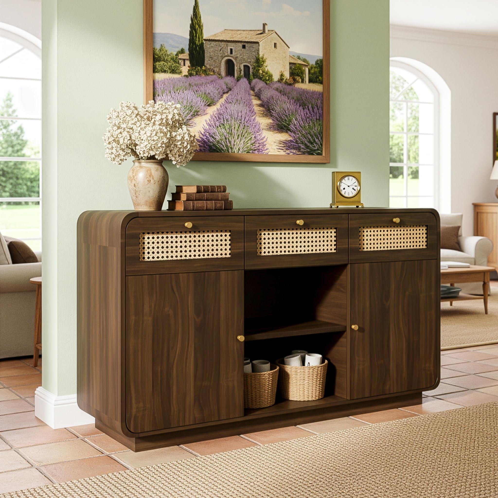 BTM Commode Sideboard 120cm Noyer, Armoire À Tiroirs avec Rotin & Poignées Dorées, 3 Tiroirs + 2 Armoires + Rangement Ouvert, Étagères Réglables, H85/B120/T40cm