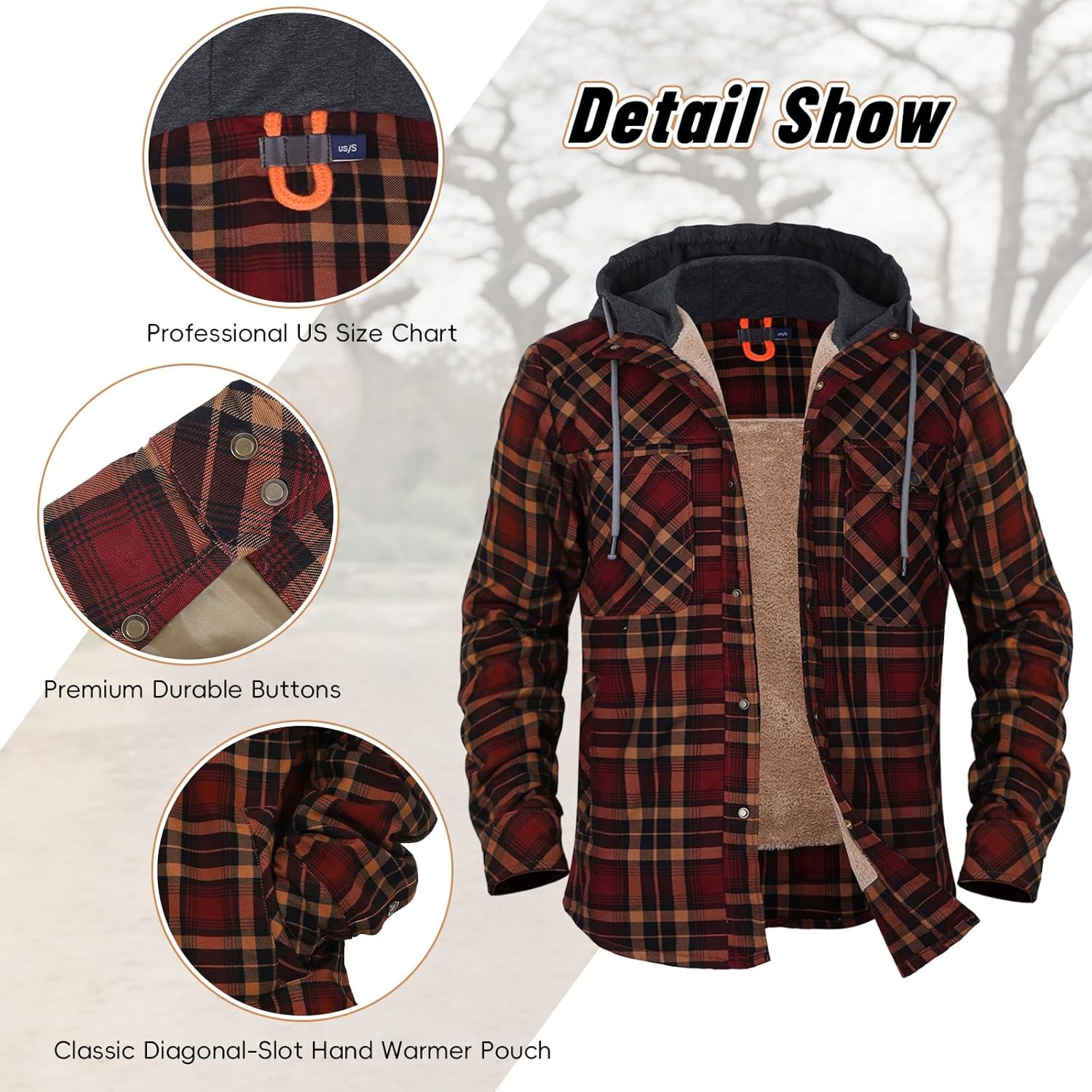 KUANG! Men's Flannel Jacket Loose Plaid Sherpa Lined Flannel Shirt Snap Button Warm Winter Jackets with Hood - Image 6