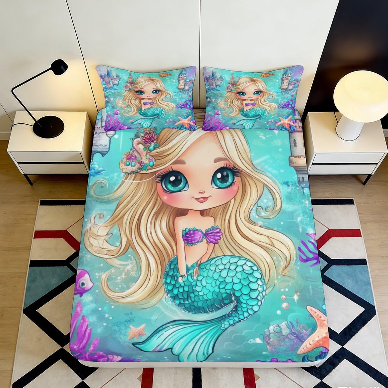 Dhbaneiok Style-9 3D Printed Mermaid Fitted Sheet Microfiber Soft Blue Cartoon Bed Sheet For Kids Teens Bedroom Guest Room Decor 90X200x25cm