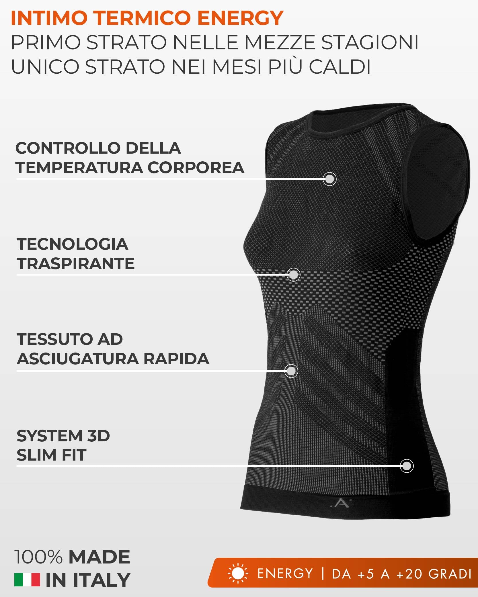 Risalti Maglia Termica Donna Smanicato Energy - Maglia Tecnica Donna Traspirante, Canotta Compressione, Intimo Termico Senza Etichette per Sci, Trekking, Running, Ciclismo - Made in Italy