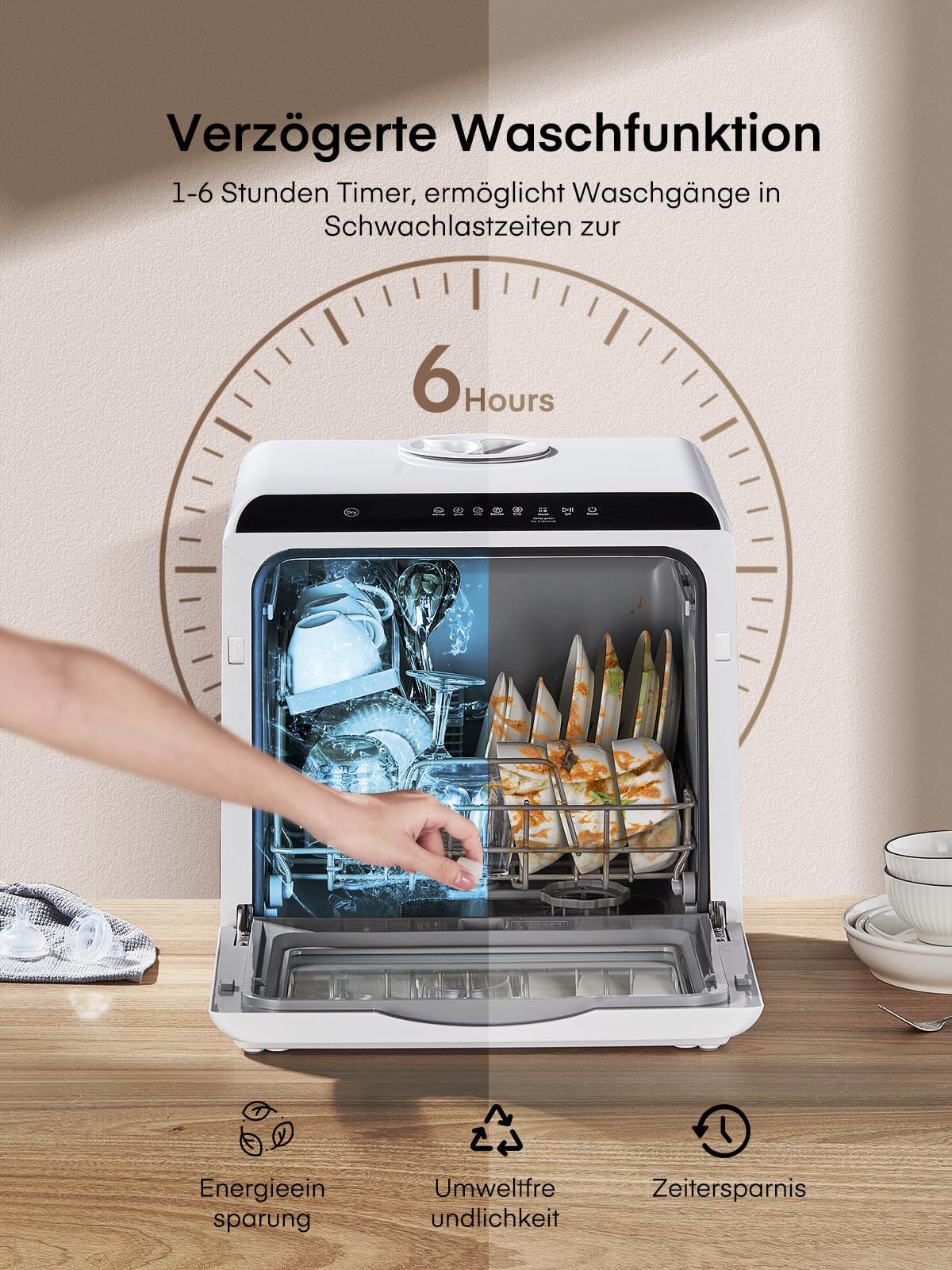 FOHERE Mini Spülmaschine 5L Tank 2-in-1 Water Supply 6 Programme LED-Display Tischgeschirrspüler für Küche Camping Wohnmobil