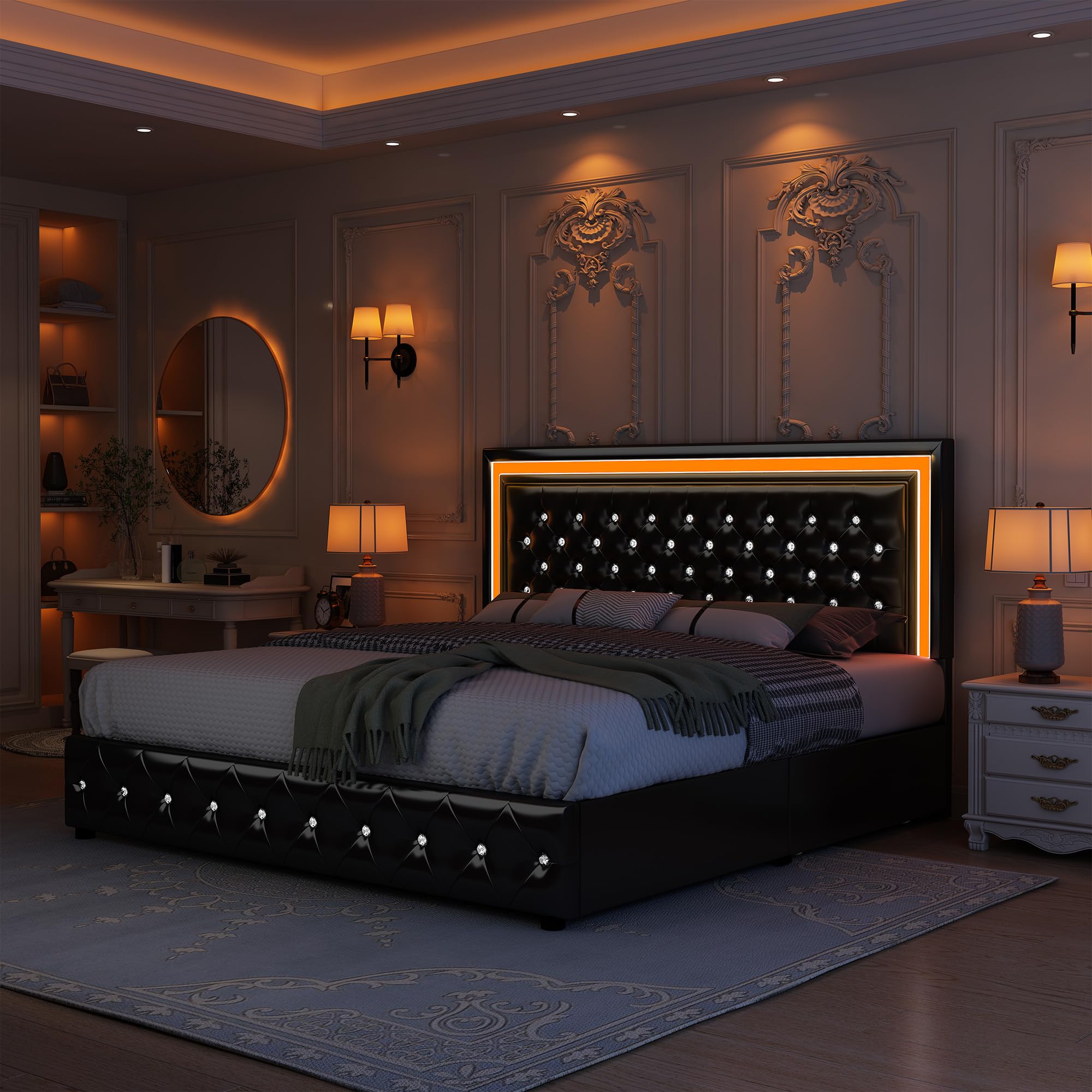 Full Led Bed Frame with 4 Storage Drawers Bed Frame with Led Lights No Box Spring Needed 900