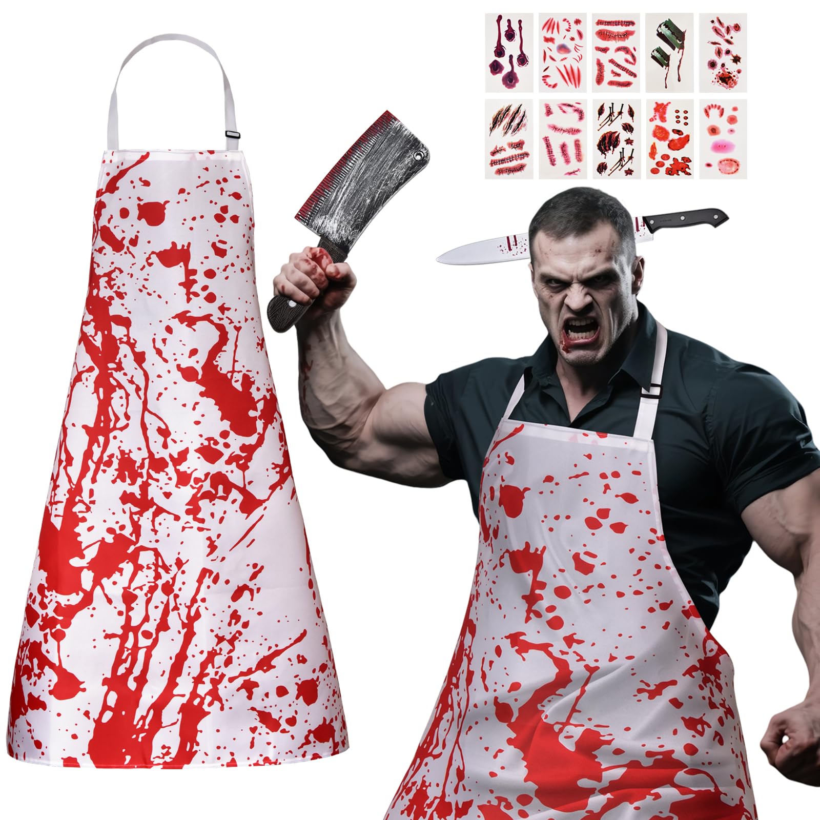 QIURUYUE Halloween Schlächter Kostüm Einstellbar XL-5XL, 10 Tattoo