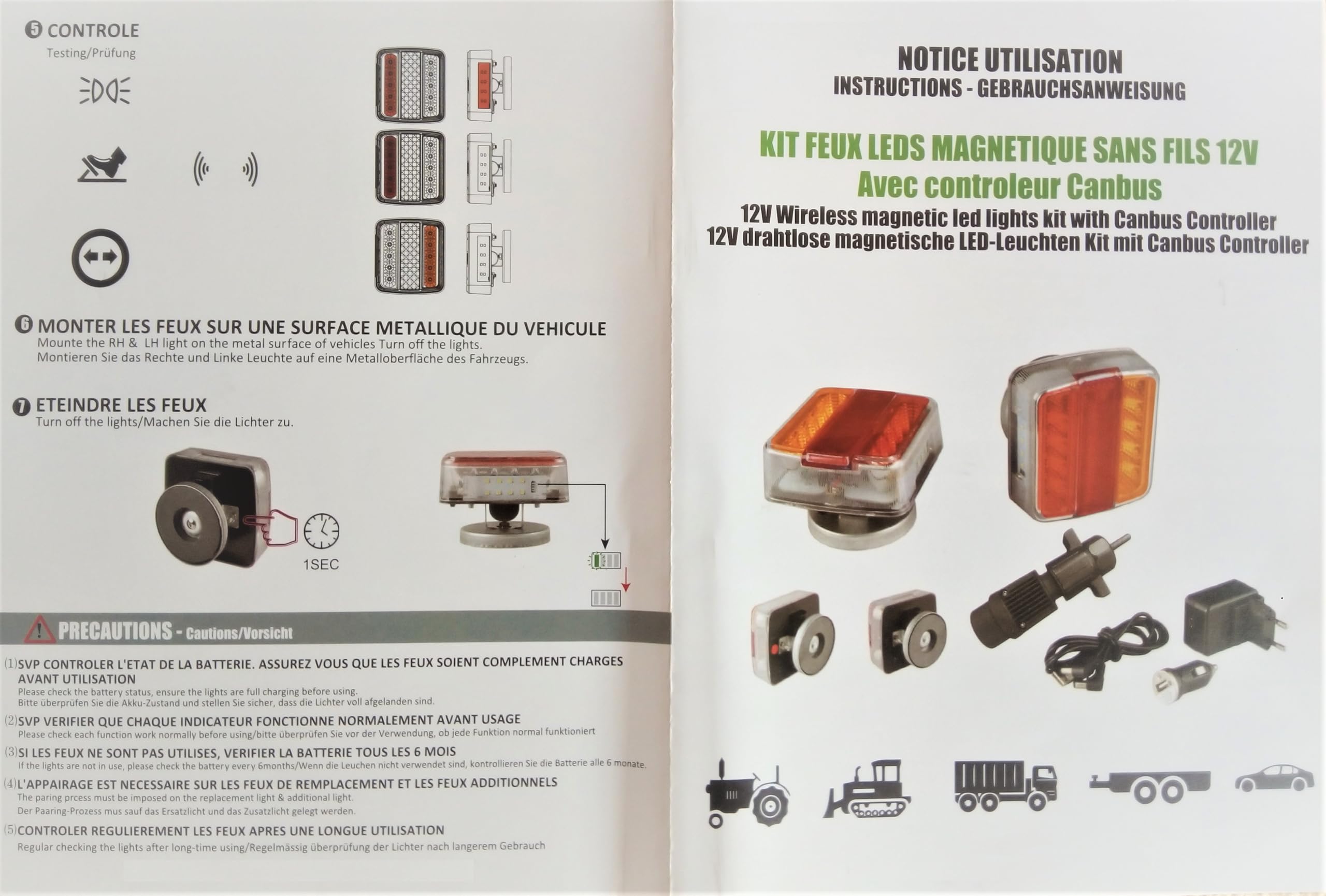 Plaque feu remorque sans fil, kit éclairage arrière led wifi, 12/24 Volts, Fixations Magnétique, chargeur 220V