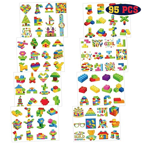 Miniatura 5 de Qpout 95 piezas de bloques de construcción que brillan en la oscuridad, tatuajes temporales para niños, 8 hojas de ladrillos de construcción,