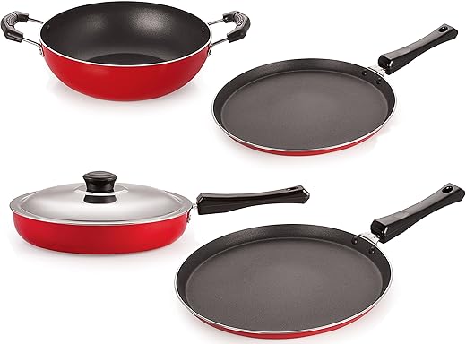 Nirlon Non-Stick Cookware Kitchen Cooking Utencil Combo Set Offer, (FT13_FP12_KD14_FT10),Red & Black Color