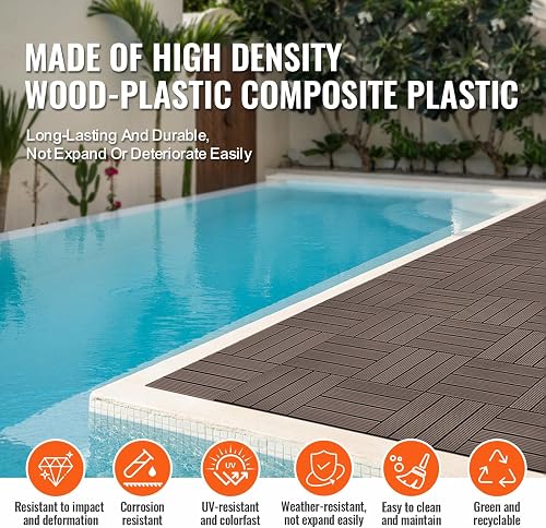 VEVOR Interlocking Deck Tiles Plastic Wood, 27 Pack,12"x12" 27 sq. ft Waterproof Outdoor Flooring All Weather Use, Patio Floor Decking Covering Tiles for Porch Poolside Balcony Backyard, Dark Brown - 6