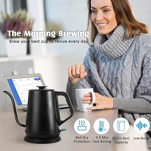 Miniatura 5 de Hervidor eléctrico de cuello de cisne de 1 litro, hervidor de té para agua hirviendo, hervidor eléctrico de cuello de cisne para café y té,