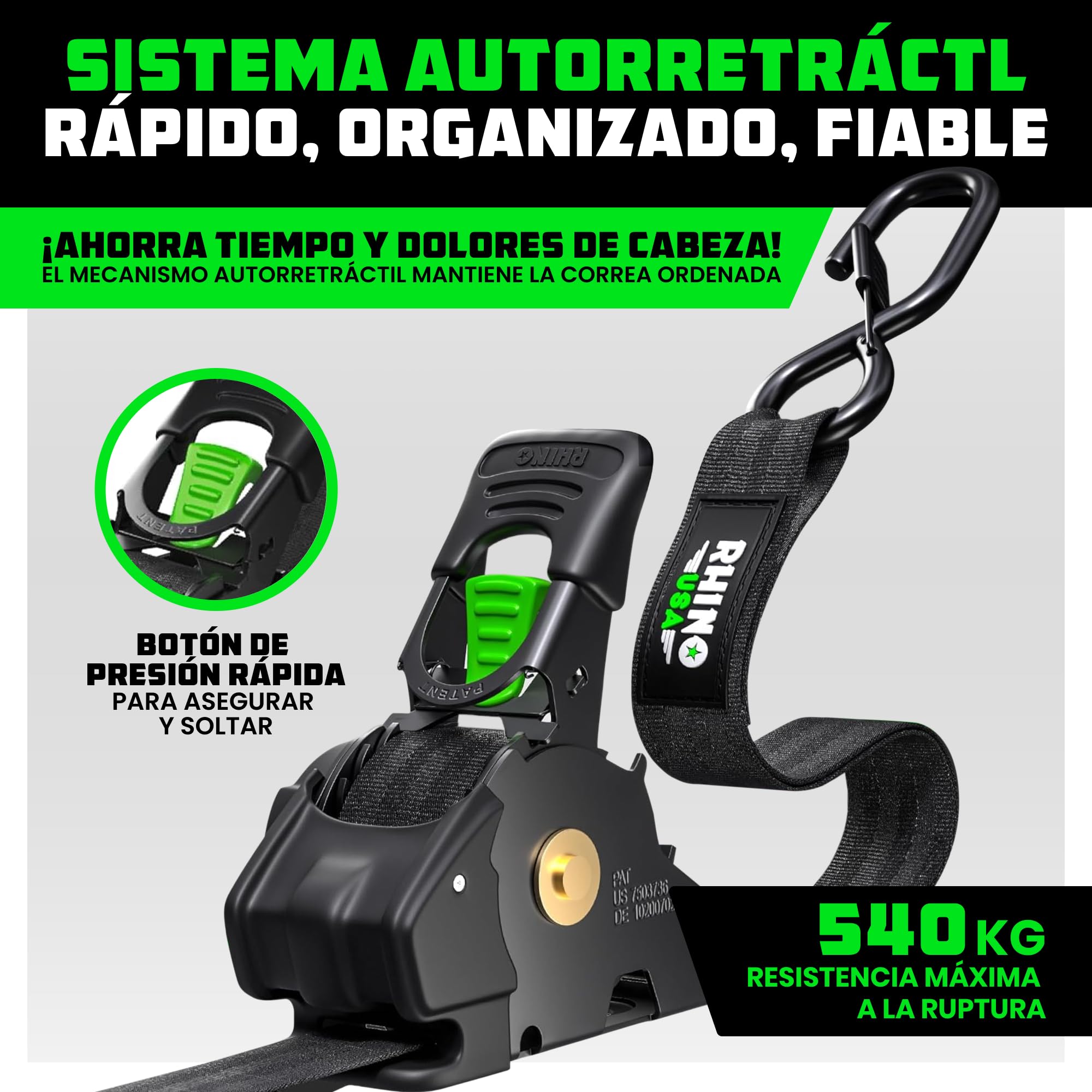 Rhino USA Correas de Carraca Retráctiles (Juego de 2) - 2.5cm x 3m (540kg de Resistencia a la Rotura) - Correas de Amarre Automáticas y Resistentes para Camión, Remolque, Moto, Bicicleta & Más - Negro