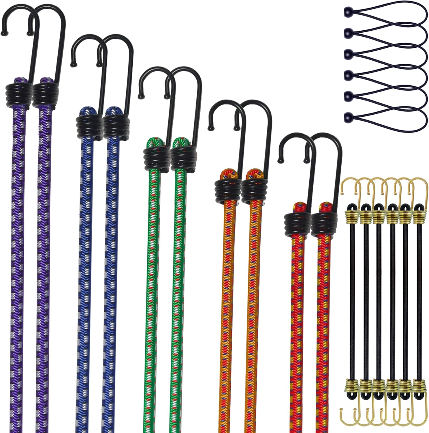 Bungee Cords with Hooks (22PCS Set), 8mm Heavy Duty Bungee Cord, 2×12″ 2×18″ 2×24″ 2×36″ 2×48″, Mini Bungee Cords 6PCS & Ball Bungee 6PCS, Outdoor, Cargo, Tarp, Tent Use