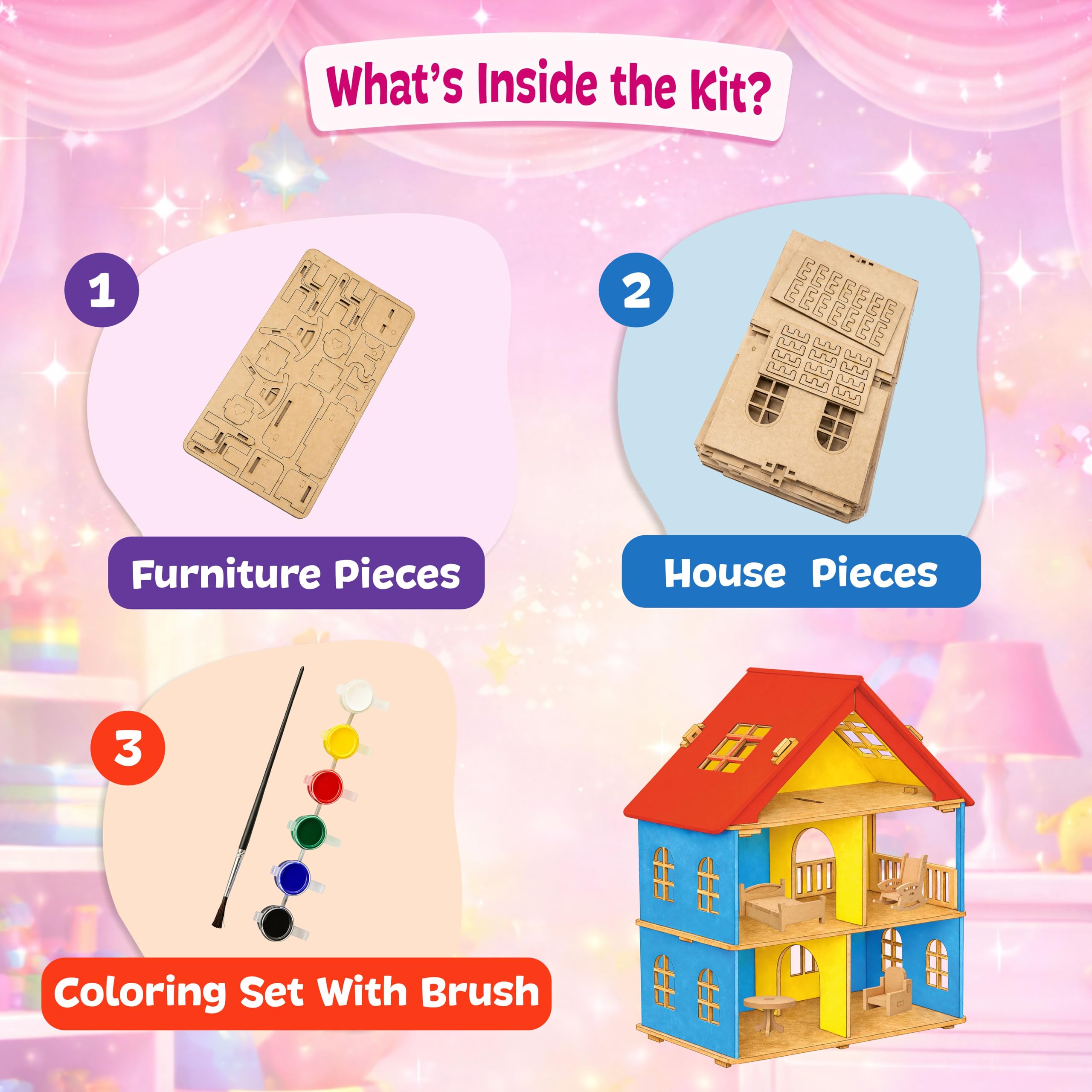 Clapjoy Big DIY Wooden Toy House Gift Kit with Miniature Furniture & Paint Set - Easy Assembly Doll House for Kids, Boys Girls 3 4 5 6 7 Year – Creative Play & Learning (Dolls House) 3
