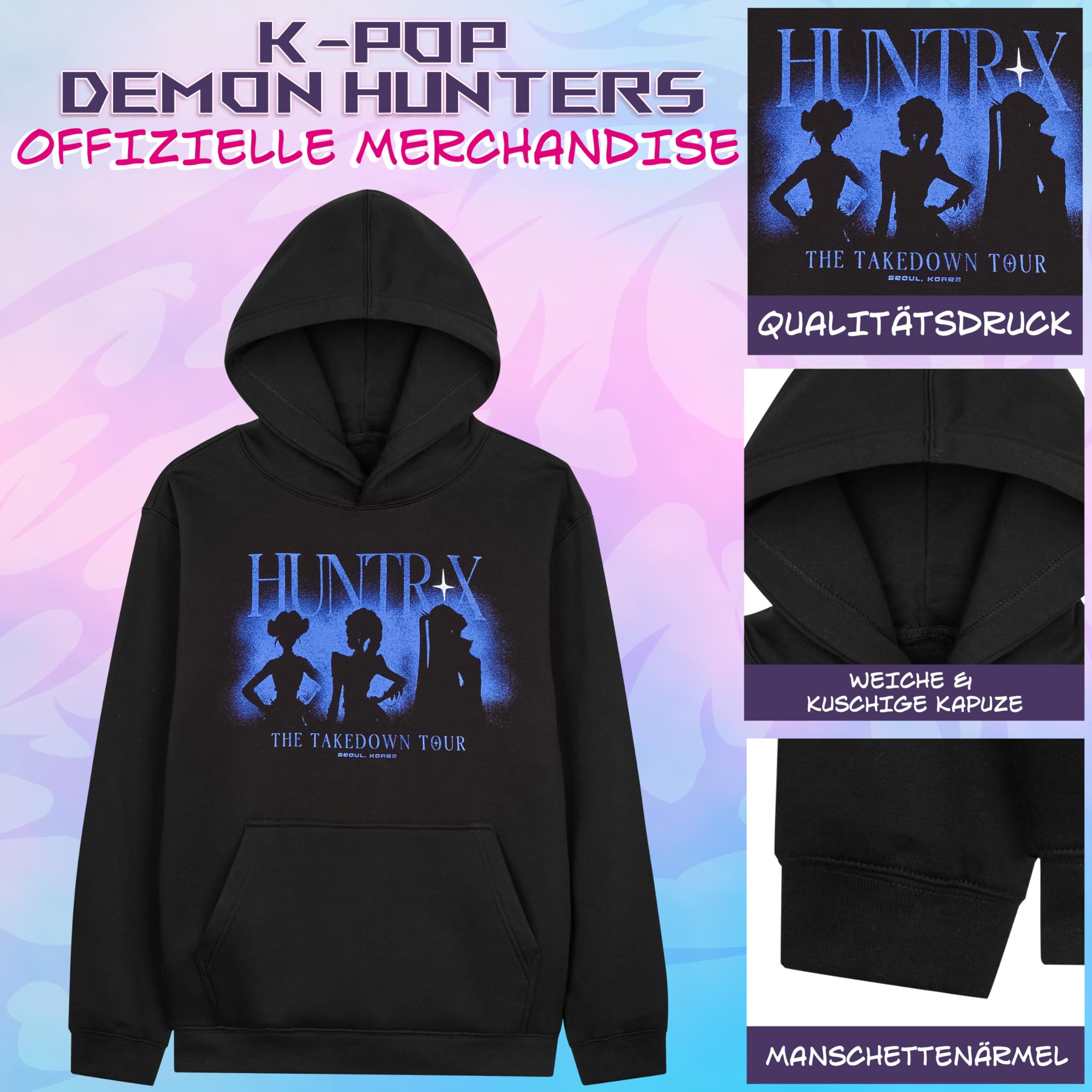 Get Trend KPop Demon Hunters Offiziell Hoodie Mädchen Teenager, Taschen Fleece Pullover, Anime Huntrix Saja Boys Merch, Kinder Geschenke