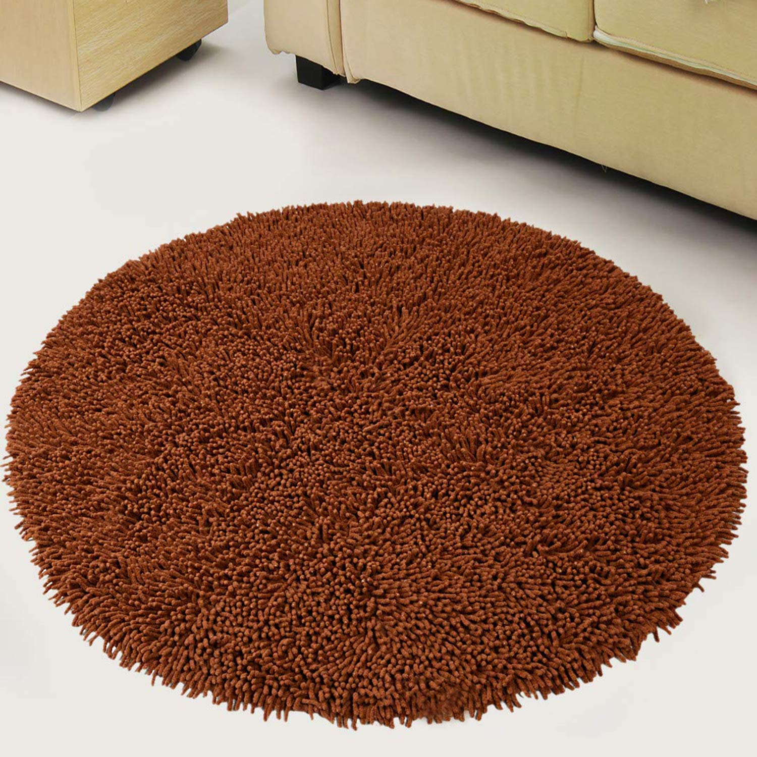 SARAL HOME EASY LIVING Cotton Shaggy Anti-Skid Round Bath Mat (Brown, 90X90 cm) 3