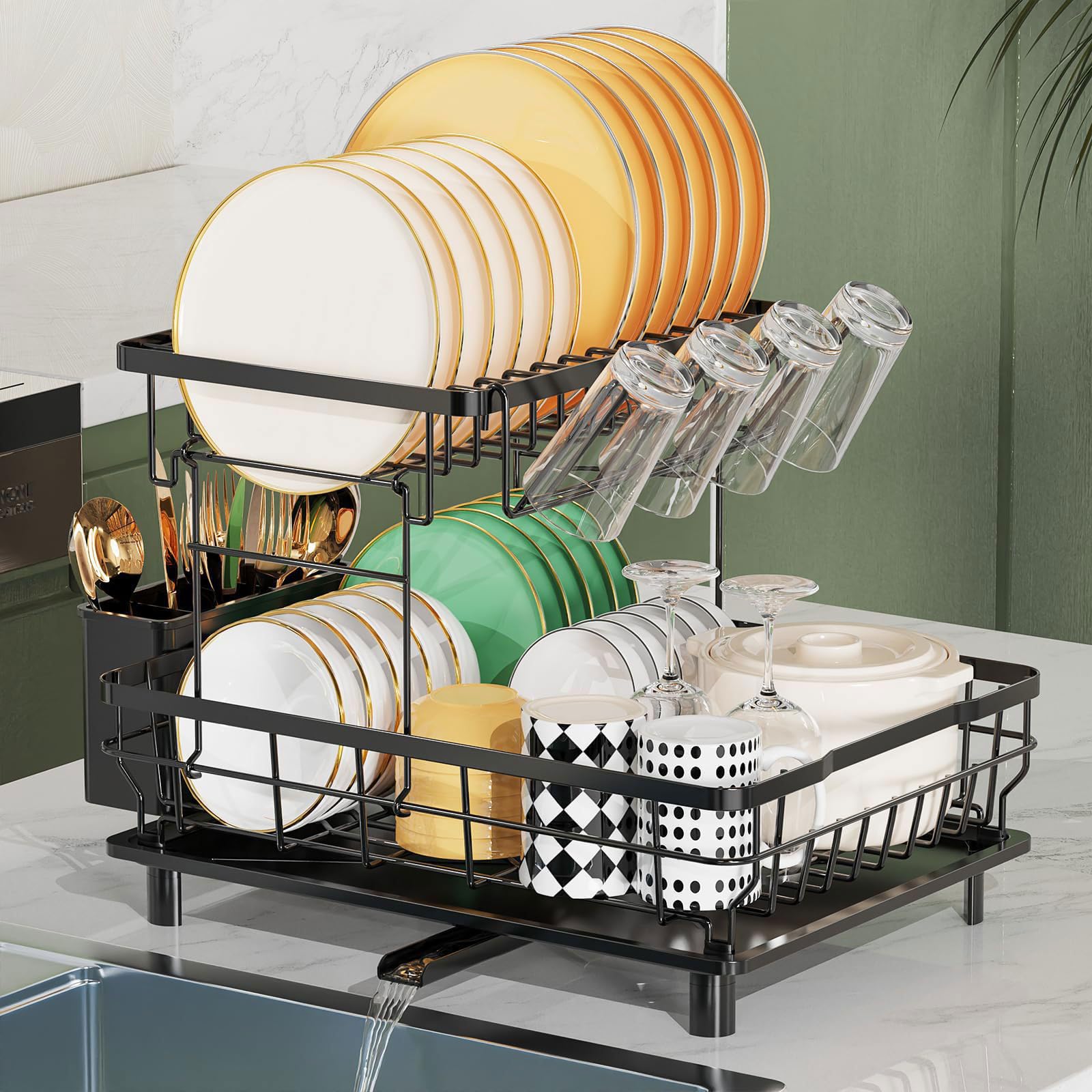 Escurridor de Platos 2 Niveles Ahorra Espacio Escurridor de Platos para Fregadero con Soporte para Utensilios,Portavasos Boquilla Giratoria 360°Escurreplatos para Encimera de Cocina