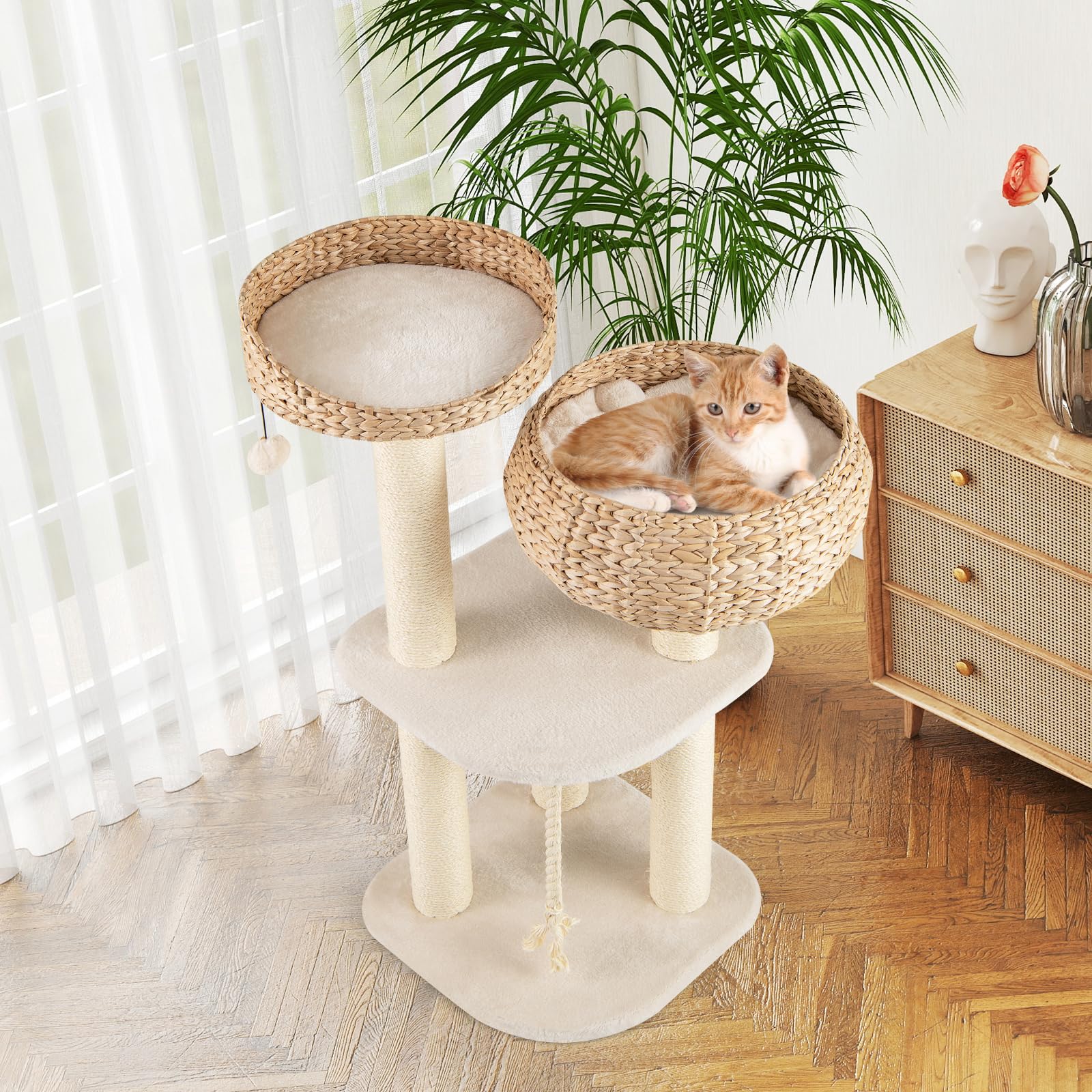 COSTWAY 104 cm Árbol Rascador para Gatos de Interior con Posaderos, Cama, Cesta Hechas a Mano, Juguete Colgando y Cuerda, Palos Rascadores de Sisal, Torre Rascador para Gatos, Casitillo Gato (Beige)
