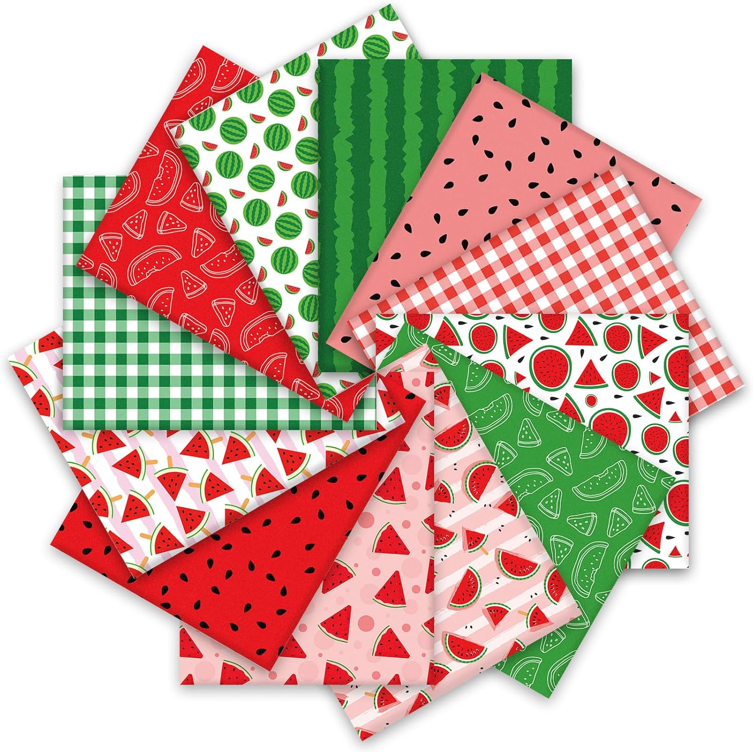 FYSUIMU 12Pcs Watermelon Cotton Fabric Bundles Red Green Pink Summer Fruit Fat Quarters Watermelon Sewing Fabrics for DIY Craft Party Decor, 18 x 22 Inch