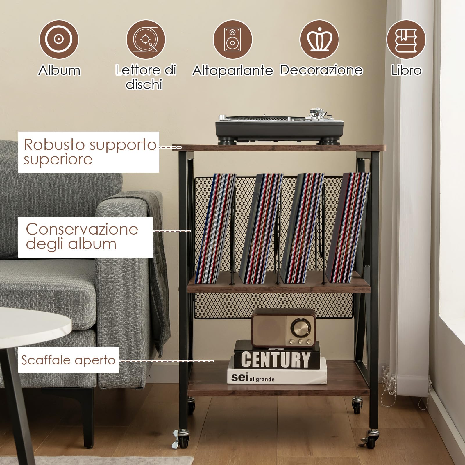 GYMAX Mobiletto Divano Laterale Stretto, 3 Livelli, con Mensole per Dischi in Vinile con 3 Divisori a Forma di M e 4 Ruote, 52 x 45 x 75 cm, Marrone Rustico