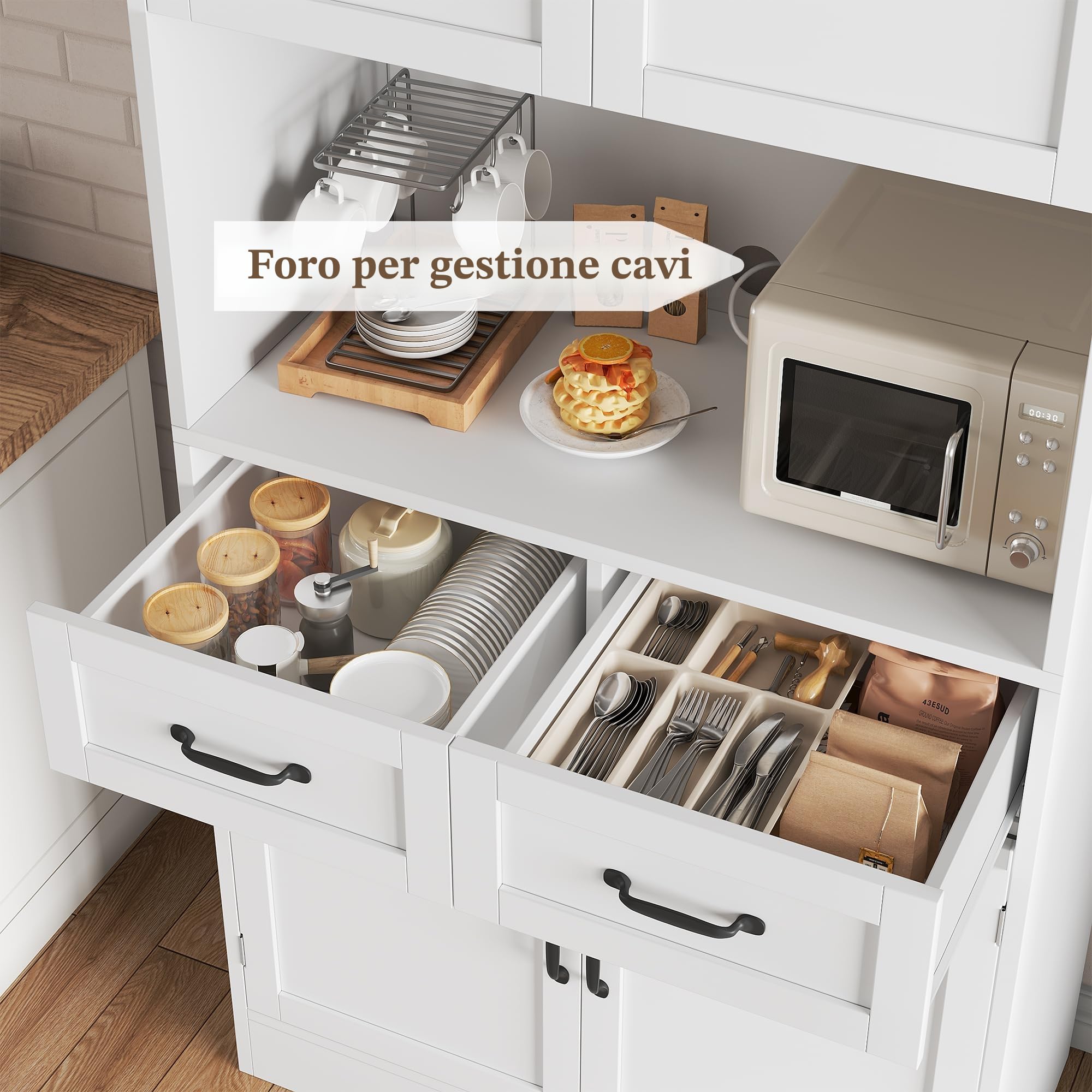 HOCSOK Credenza Cucina, 180cm Mobile Dispensa Cucina, 4 Ante 2 Cassetti | Armadio Buffet con Foro per la Gestione dei Cavi, Vetrina Cucina con Ripiani Regolabili, Bianco
