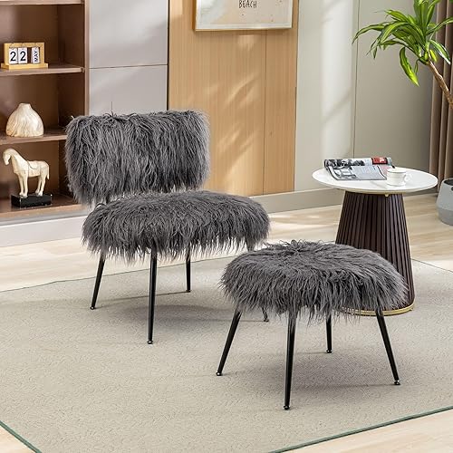 IANIYA Silla reclinable de felpa de piel sintética esponjosa con otomana, cómoda silla de lectura tapizada sin brazos para sala de estar y