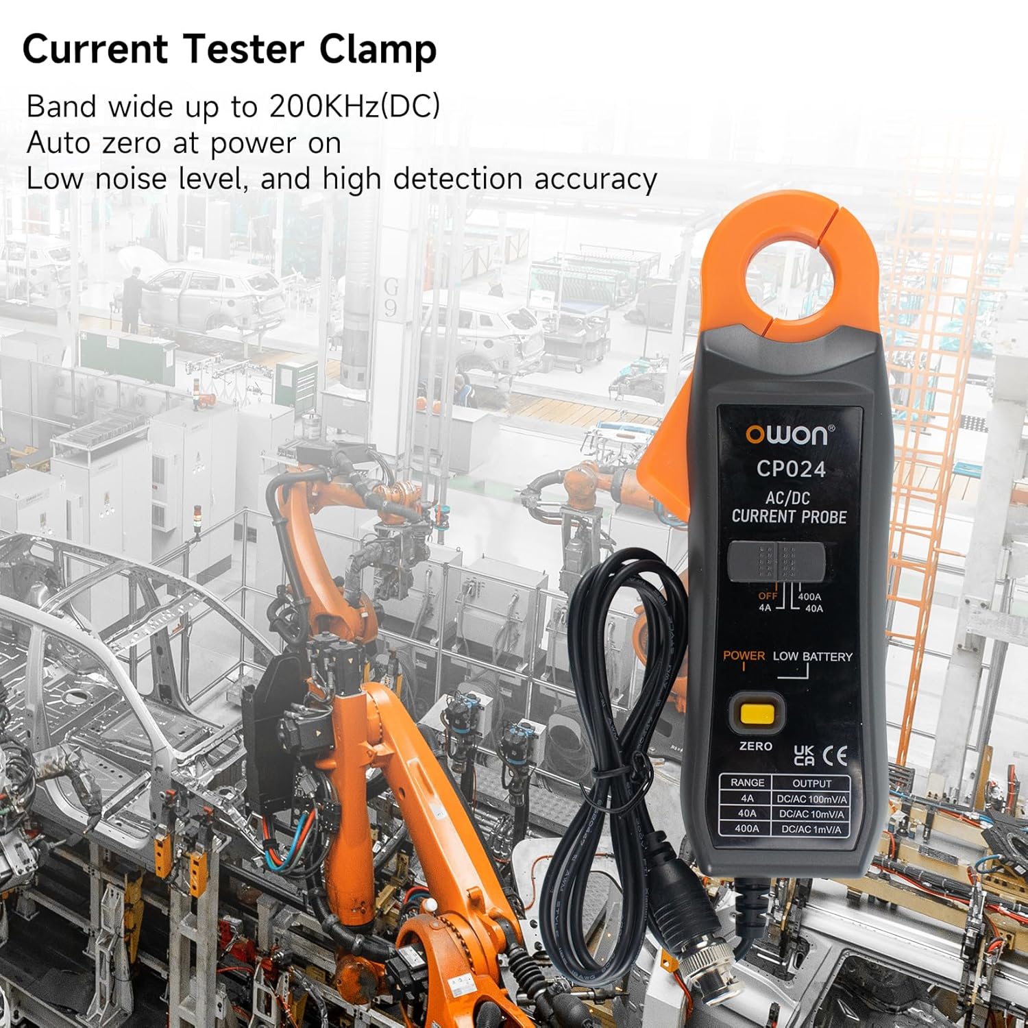 OWON CP024 AC/DC Current Probe for Oscilloscope, Current Clamp Probe 200KHz Bandwidth 4A, 40A, 200A, 300-400A Test Range, Current Tester Clamp Meter with BNC Type Connector