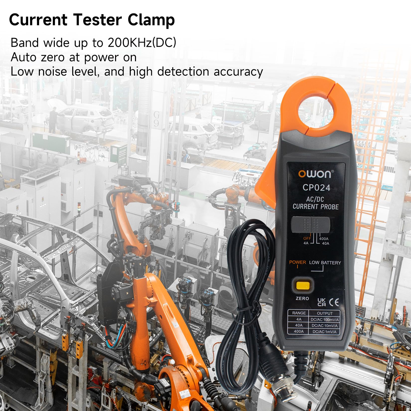 OWON CP024 Gleich- und Wechselstrom Stromtastkopf für Oszilloskop, Stromzangentastkopf 200 kHz Bandbreite 4 A, 40 A, 200 A, 300–400 A Testbereich, Stromtester-Zangenmessgerät mit BNC-Anschluss