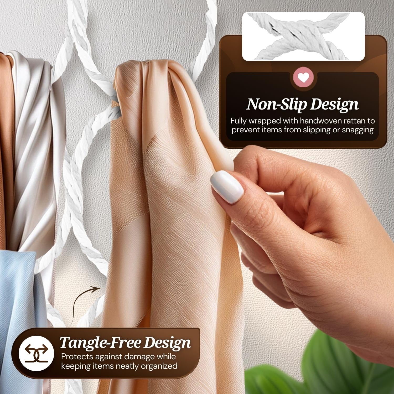 Flexzion Appendiabiti per Sciarpe Hanger - 28 Cerchi/Spazi Attaccapanni Organizer Multifunzionale Anello in Rattan Armadio Grucce Porta Abiti Design Accessori Cravatte Cinture Casa (Bianco)
