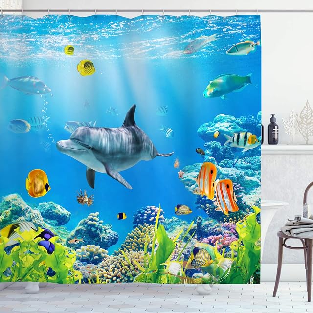 OCEUMACO Shower Curtain 3D Dolphin Under the Sea Bathroom Wet Room Extra Long Tropical Underwater Fish Bath Curtains Anti Mould Proof Resistant 200cm Drop Waterproof Fabric with Hooks - Blue 6