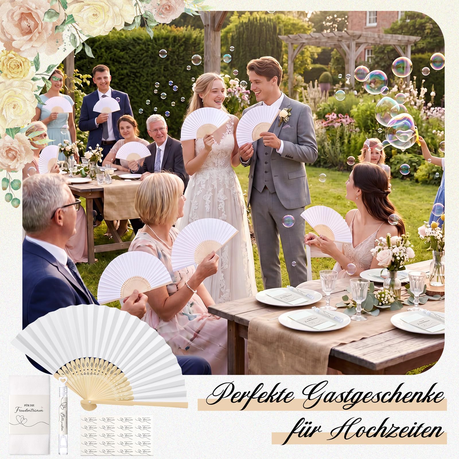 BBTO 30 Sets Gastgeschenk für Hochzeit Fächer Hochzeit Seifenblasen Freudentränen Taschentücher Seifenblasen Aufkleber mit Organzabeutel für Hochzeitsgäste Geburtstag Party Geschenk Tischdeko