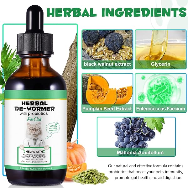 HEXIN Vermifuge pour chat 60 ml, vermifuge à base de plantes pour chats avec probitiques – Amélioration de la digestion, renforcement de l'immunité, anti-parasites, ankylostomes à large bande - 4