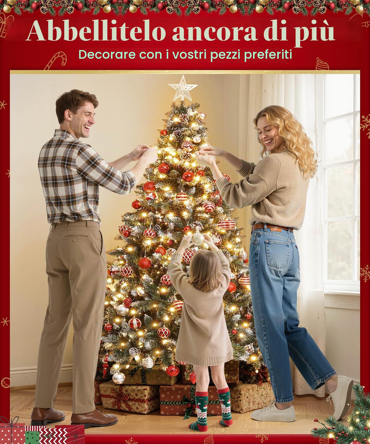 Yorbay Albero di Natale Artificiale con Illuminazione e Neve Bianca, Albero di Natale a LED per Decorazioni Natalizie con Pigne vere, Resistente al Fuoco (210 cm)