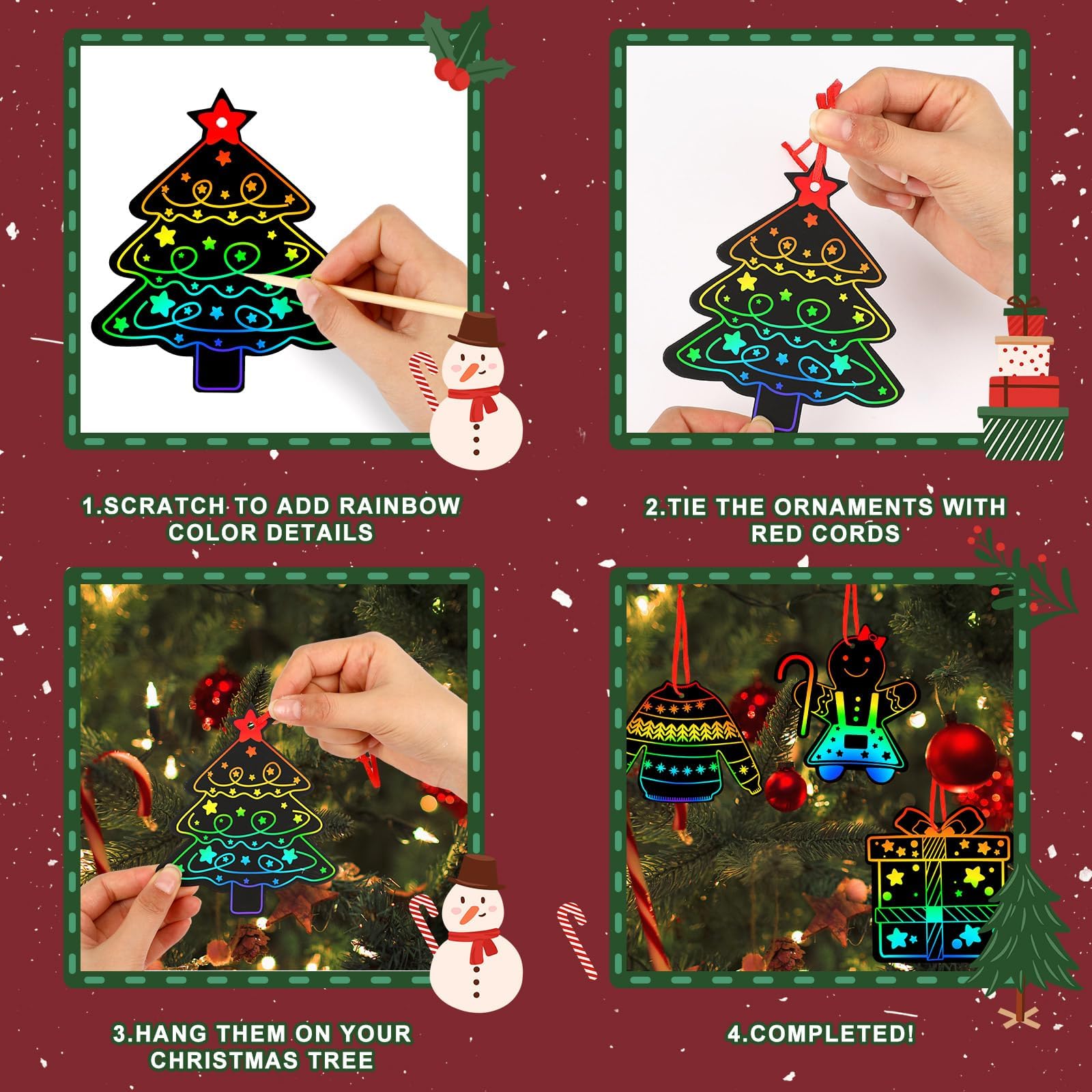 36 Pezzi Carta Da Grattare Natalizia Per Bambini – Kit Fai-da-te Con Forme Di Babbo Natale, Pupazzo Di Neve, Albero – Con Nastri E Stilo In Legno - 4