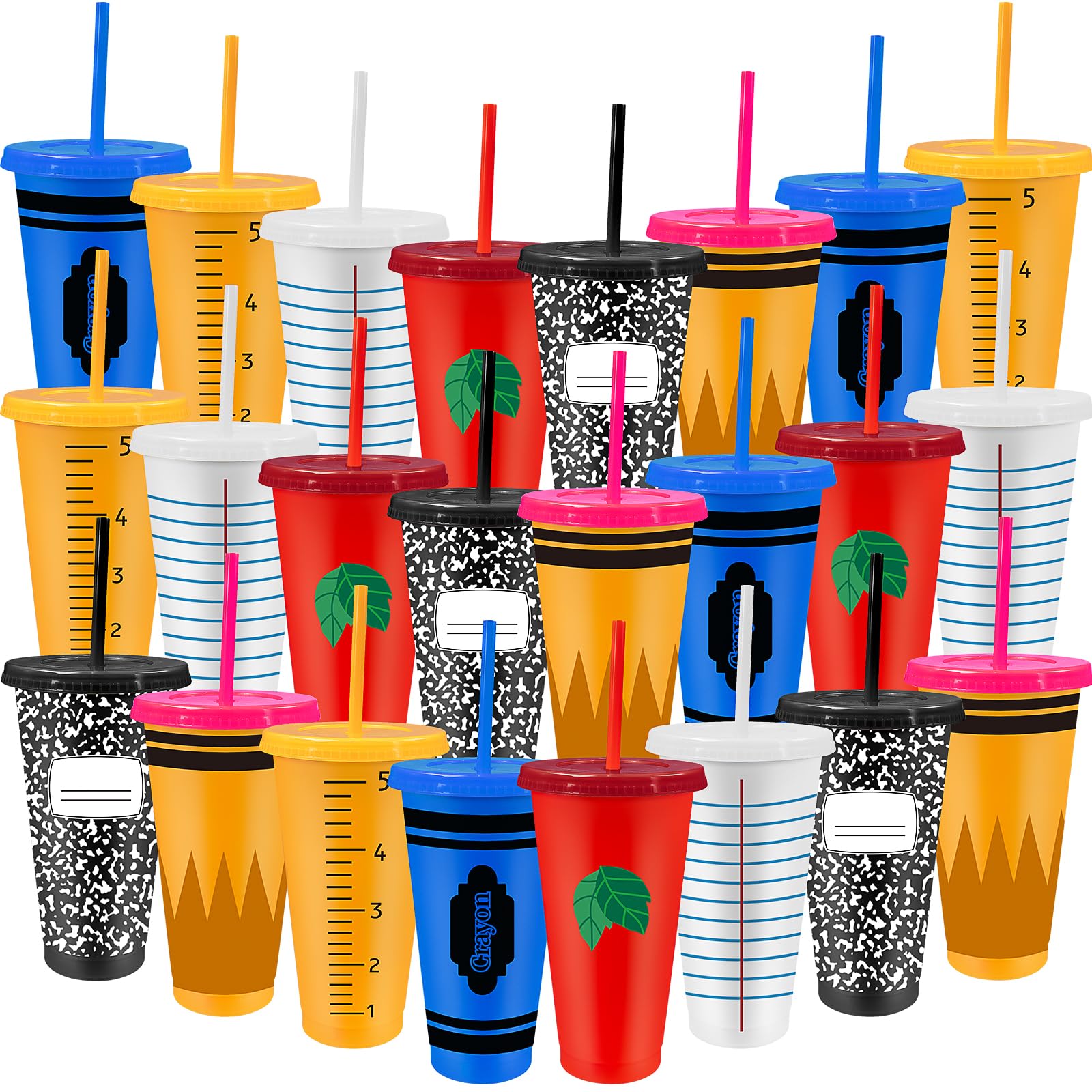 Lot de 24 gobelets réutilisables en plastique avec couvercle et paille - 710 ml - Pour cadeaux de fête, d'anniversaire, d'échange de salle de classe - Motifs de papeterie