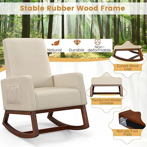 Miniatura 4 de KOMFOTT Mecedora tapizada, para sala de estar, ocio, con marco de madera de goma, sillón decorativo con respaldo alto y bolsillo de almacenamiento,