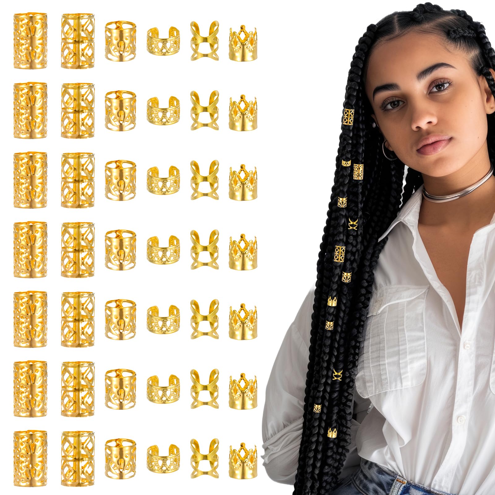 120 Pcs Hair Clips Gold Hair Jewelry for Braids Loc Jewelry Dreadlock Gold Cuffs Braid Metal Braids Rings Adjustable Charms 5 Styles Clips Ring