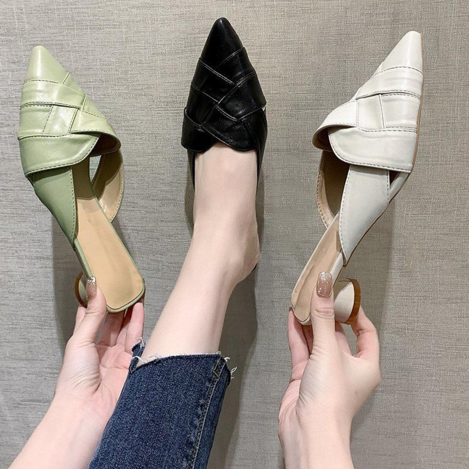 Generico Scarpe Mule da Donna con Punta Appuntita Intrecciata | Sandali Estivi Con Mini Tacco A Blocco, Scivolare Su Sandali A Ciabatta Senza Retro