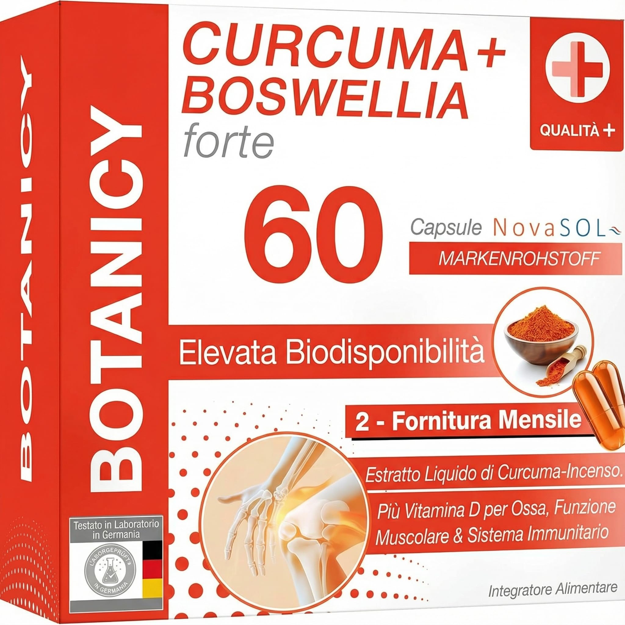 Botanicy CURCUMA + BOSWELLIA forte - 60 capsule di curcuma e incenso con materia prima NovaSOL - con vitamina D3 per ossa & muscoli - alta biodisponibilità, alto dosaggio
