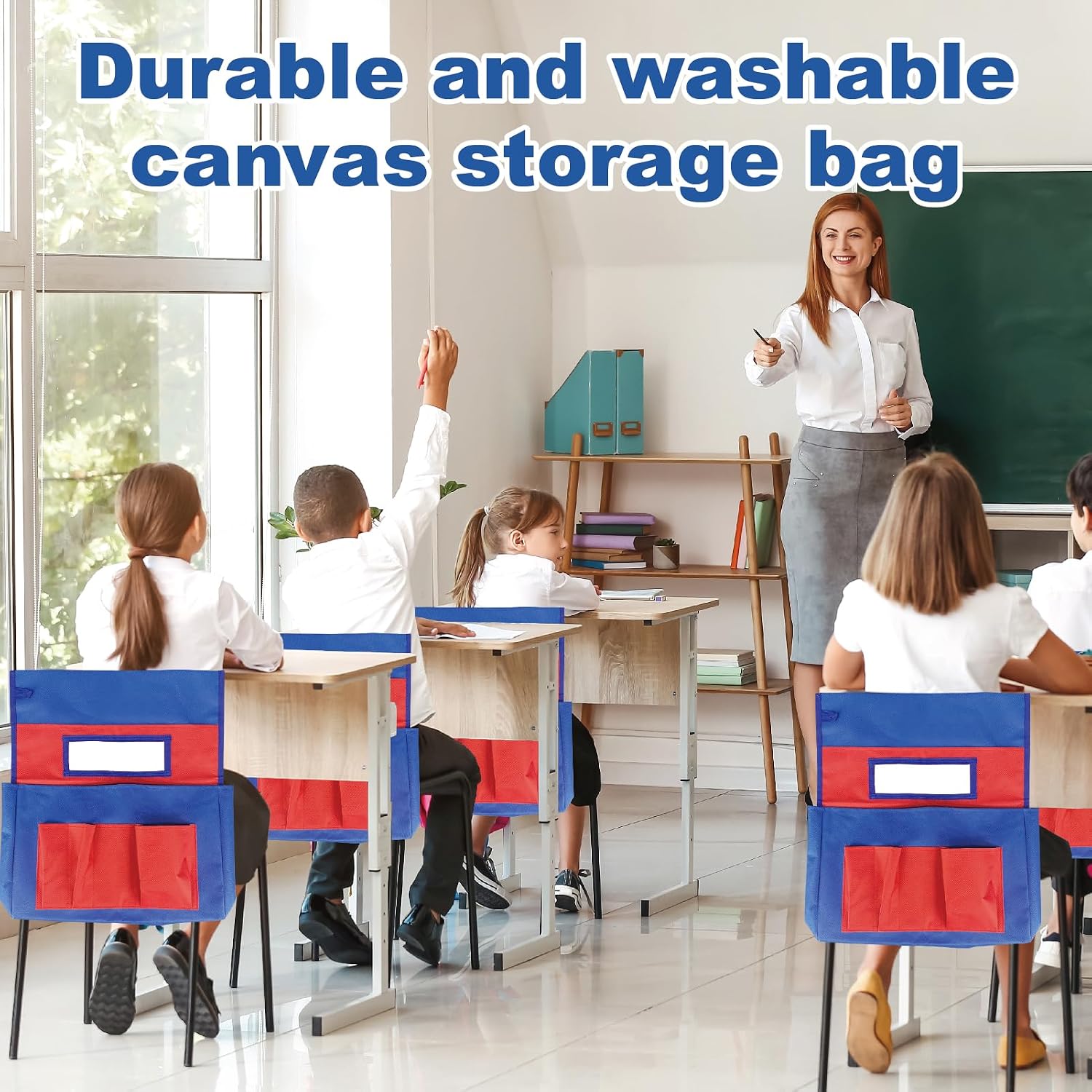 6 Pack Chair Pockets for Classrooms, 17.2"x19" Seat Sacks for Classroom Chairs K-2, Heavy Duty Back of Chair Organizer Pocket with Name Tag Slot for Supplies, Books, Storage