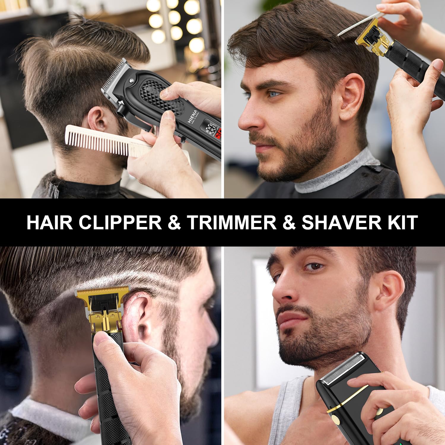 HIENA PRO Tondeuse à cheveux pour homme, sans fil, tondeuse à cheveux, tondeuse à barbe, rasoir à lames, kit complet de rasage et de coupe de cheveux électrique (3 pièces)